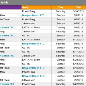 Newport Beach TTC League Schedule 2013